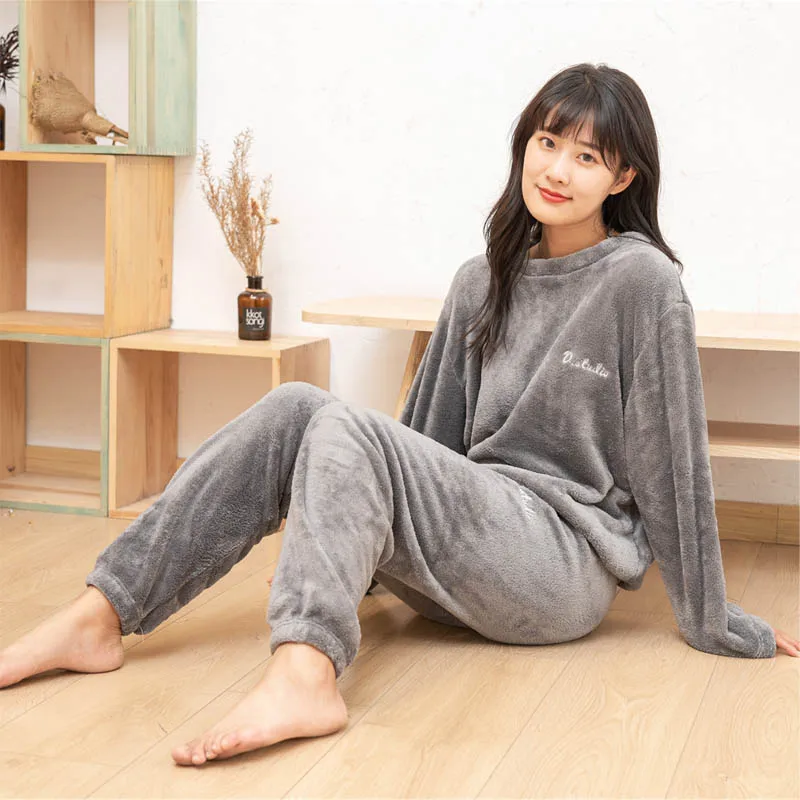 Зимние женские пижамы топ с длинными рукавами + штаны домашняя одежда утолщенная