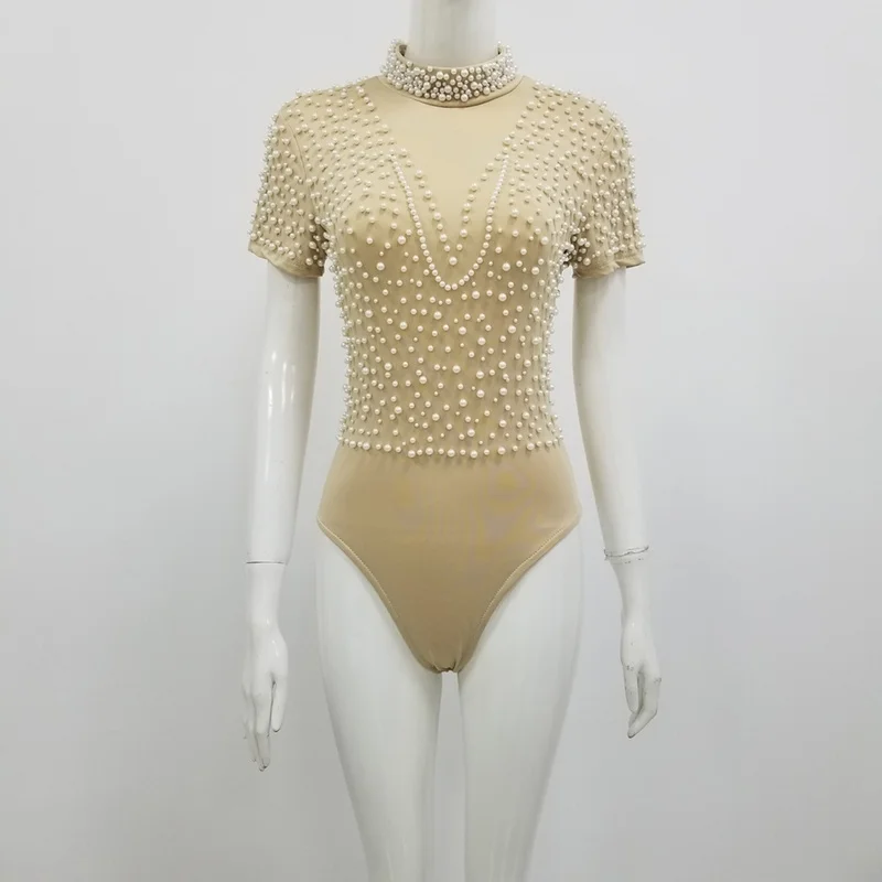 

Elegant high quality sexy women 2020 sexy khaki beading round neck short sleeve bodycon bandage bodysuitsWholesale