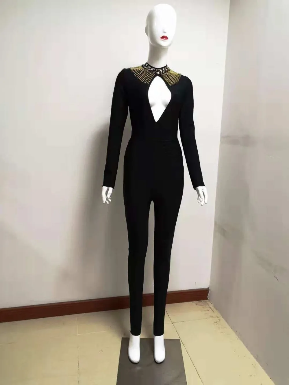 

High Quality Black Long Sleeve Keyhole Full Length Rayon Bandage Jumpsuit Celebrity Party Jumpsuit