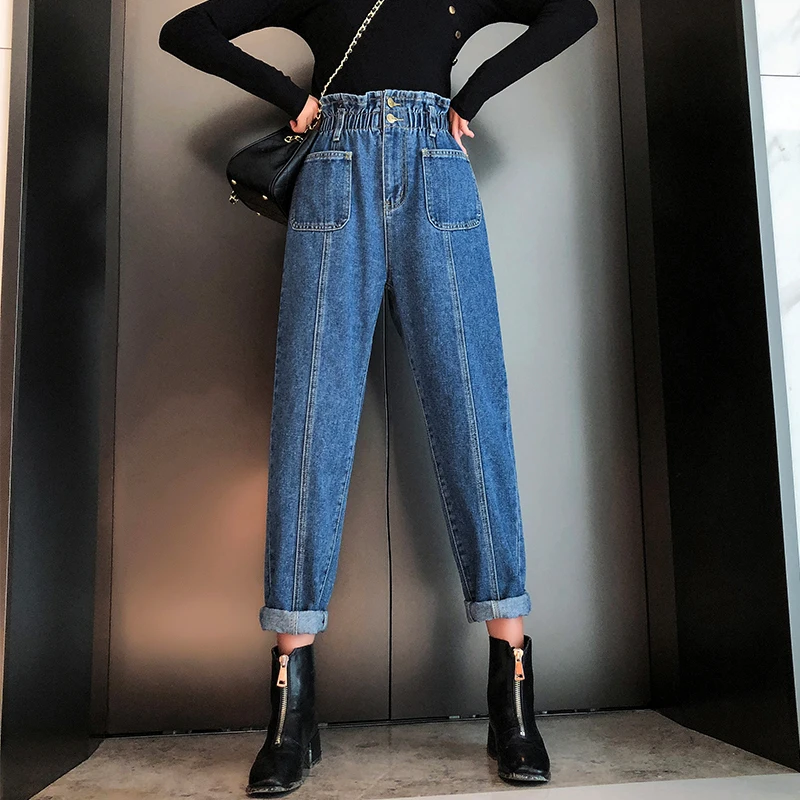 Женские винтажные джинсы с высокой талией шаровары эластичным поясом свободные