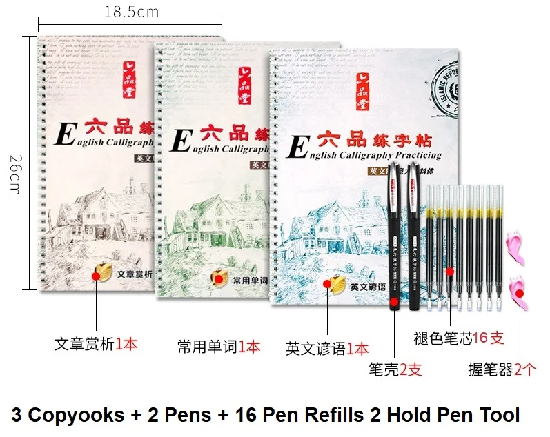 

3 Books Liu Pin Tang 3D Groove Copybook Children Adult Hand Writing Copy Auto Dry Repeat Practice art English Book Pen Set