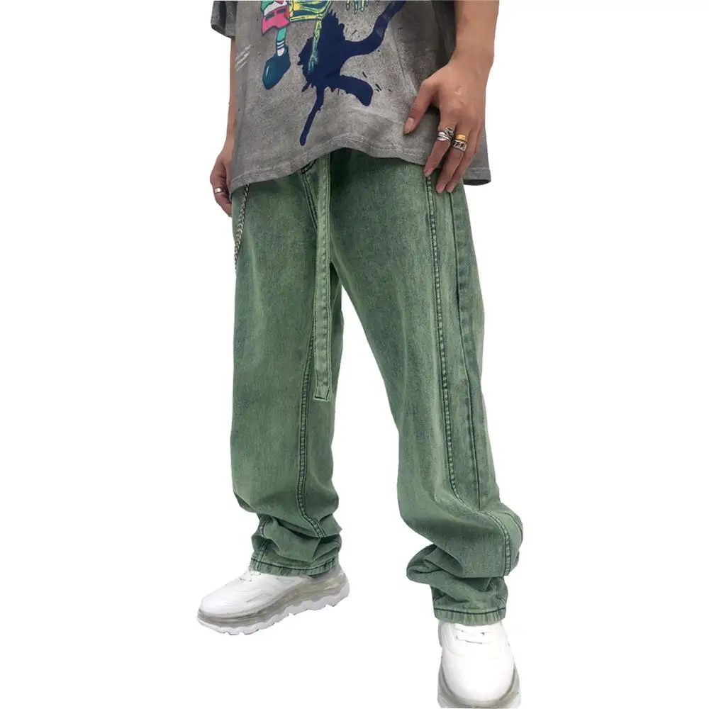 Мужские джинсы свободного покроя зеленые повседневные Прямые большого размера в