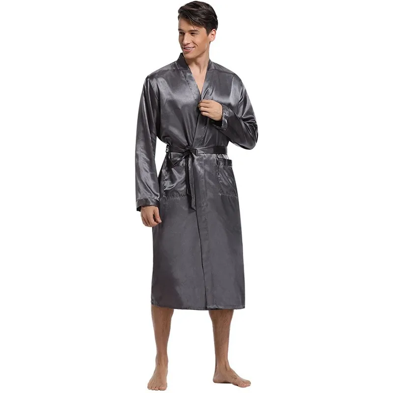 Male Robe Sleepwear Faux Silk Nightwear Casual Kimono Bathrobe Gown Solid Nightgown Homewear Men Loungewear Home Clothes
