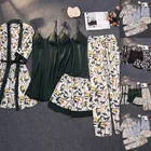 Пижамный комплект с принтом шелковистый Женский, из 5 предметов, атласная кружевная Пижама для сна с поясом и подкладками для груди, сексуальный ремень, домашняя пижама