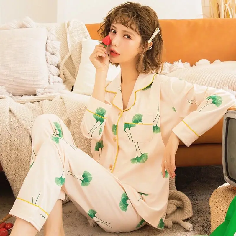 

2020 Autumn Pajamas Set Women's Polyester Sleepwear Plus Size Pyjamas For Girls Long Sleeve Tops+Pants Leisure Home Wear M-3XL