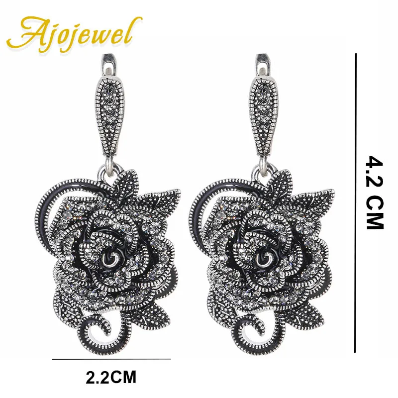 Ajojewel красивые черные стразы, Винтажные серьги с большим цветком для женщин, ювелирные изделия для костюма, вечерние, свадебные подарки, подарочная коробка - Окраска металла: Имитация родиевого покрытия