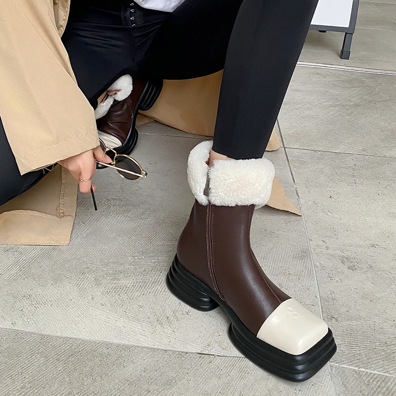 

2021 Fashion Shoes Women Shoes GENUINE LEATHER Ankle Boots Square Toe Chunky Boots Platform Boots Women Womens Designer Boots