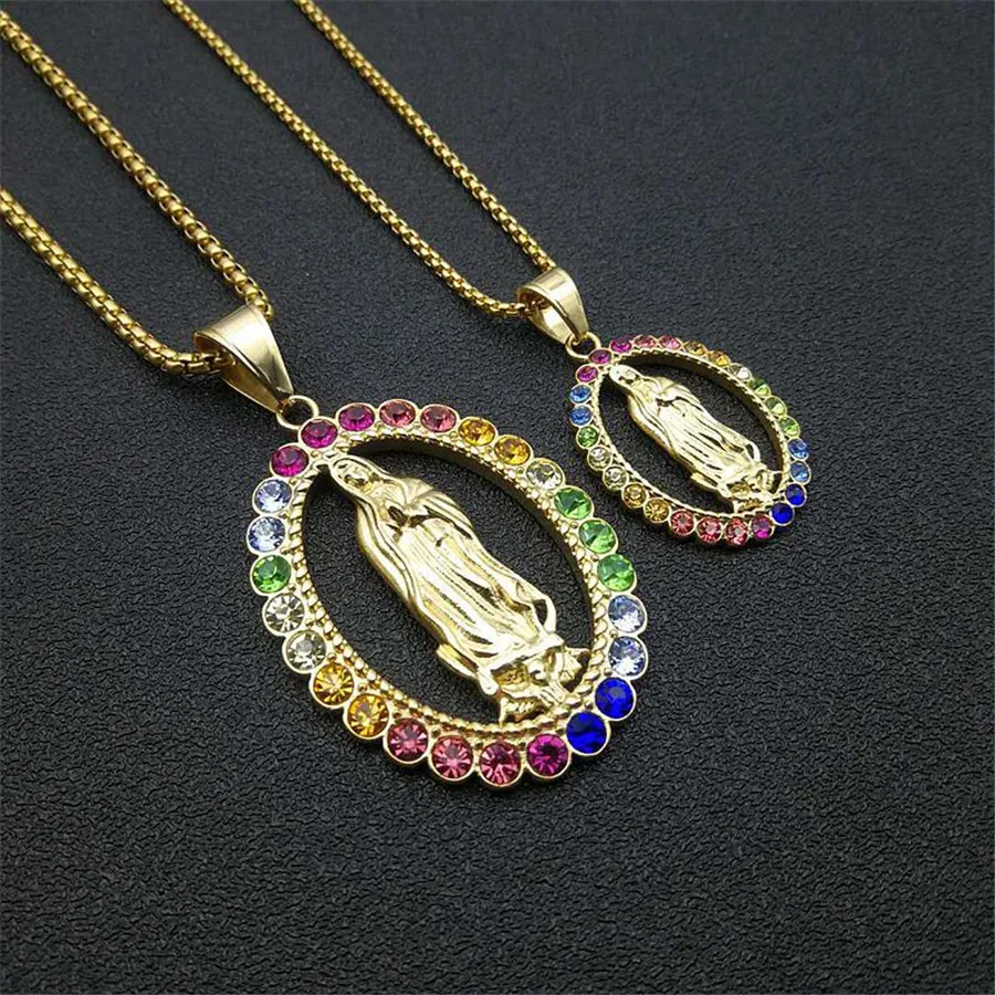 

2020 New Arrival 316L Stainless Steel Chain Gold Color Iced Out Madonna Virgin Mary Pendant Necklace for Women Hip Hop Jewelry