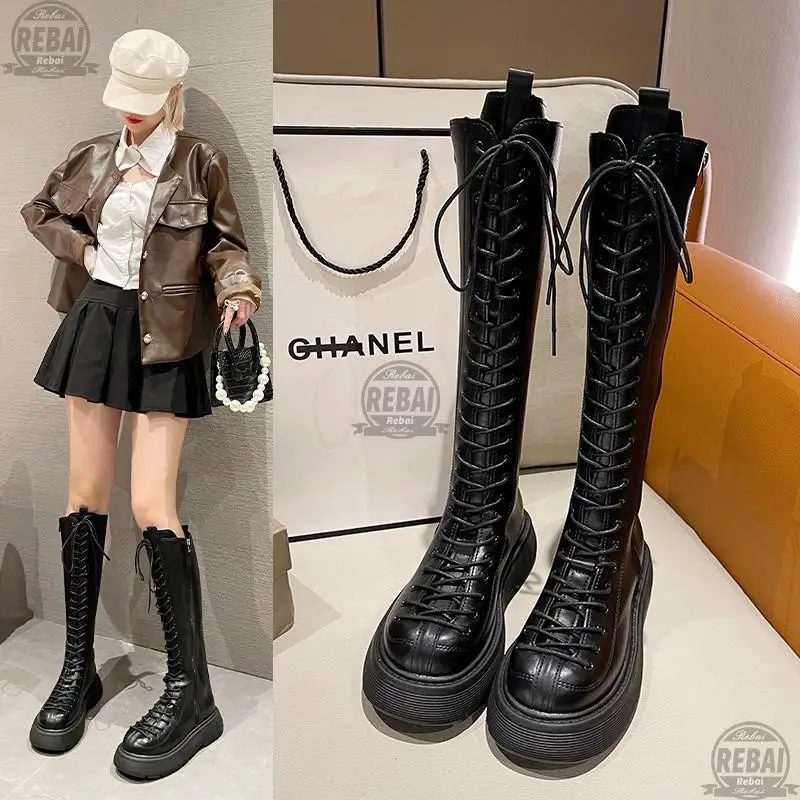 

Fashionable Women's Faux Leather Cross-Belt Boots Autumn and Winter Knee High Boots Platform Women's Boots Black Botas Mujer