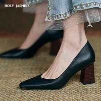 fashion mature elegant classic women cow leather square toe thick heeled shallow wedding office 2021 spring new shoes woman