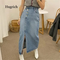 2020 new women denim skirt high waist side four buttons side spilt straight skirt korean chic fashion streetwear hot skirt