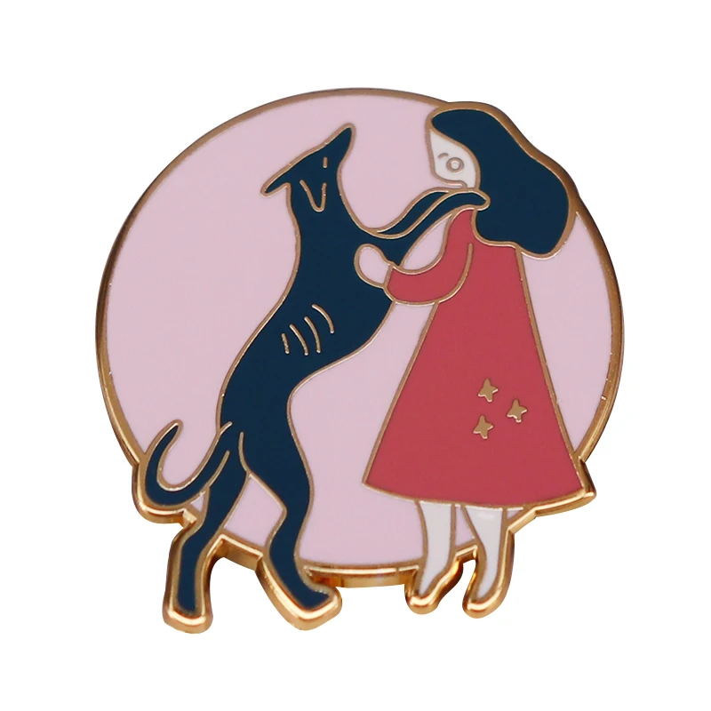 Greyhoundd значок милая девушка с красной эмалью булавка объятия ее черной собакой