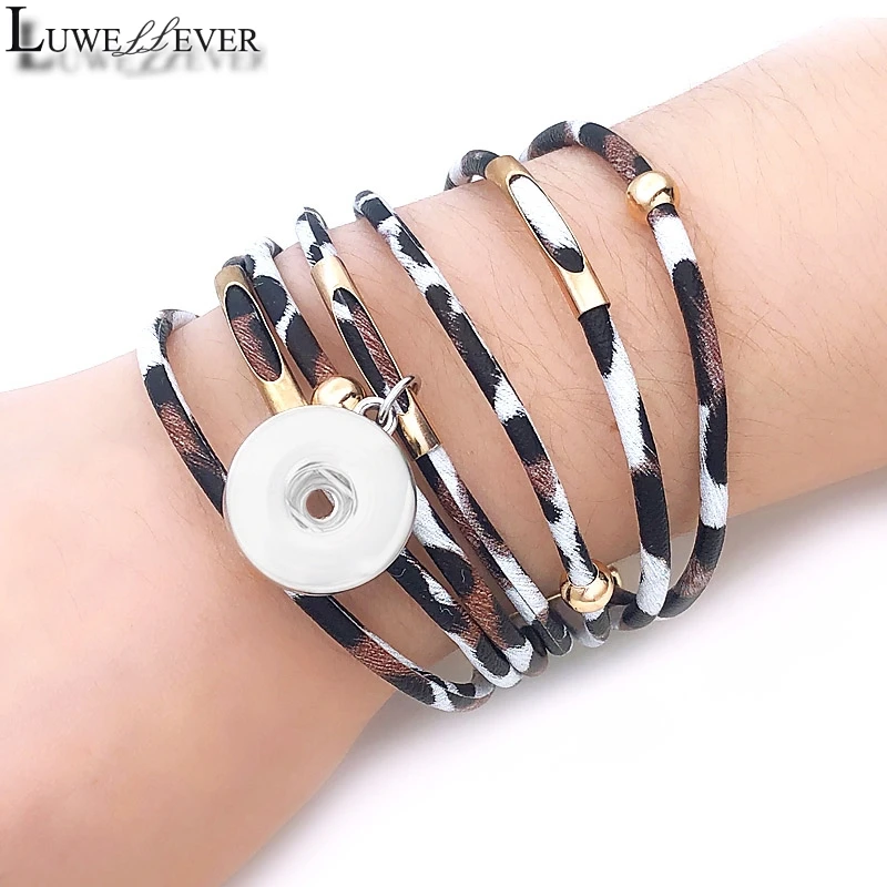 

New Magnet Bangle Leopard Bracelet 041 Really Leather 18mm 12mm Snap Button Bangle Charm Jewelry For Women Gift 20cm