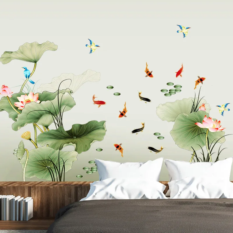 

Lotus Leaf Carp Birds Wall Stickers Home Decor Living Room Flowers Wallpaper Decoration Lotus Self-adhesive Decals Wallpaper