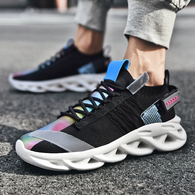

Men's Sneakers 2020 Color Block Male Knited Casual Shoes Soft Blade Bottom Height Increased Lace Up Sneakers Big Size Mens Shoes