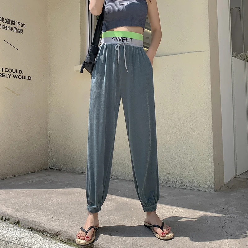 

2020 New High Waist Harem Pants Female Loose Casual Beach Women Trousers Letter Patchwork Blue Black Gray Sport Pants XXL