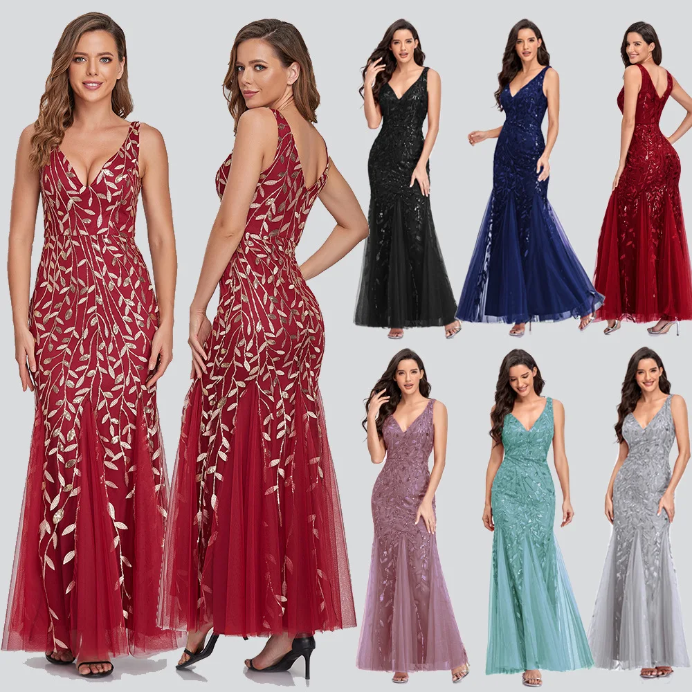 

2021 Summer Sexy Sleeveless V-Neck Sequins Embroidered Fishtail Women Party Evening Dress Floor-length