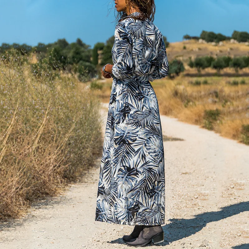 

Summer Maxi Dress Women Casual Bohemia Beach Sundress Sash Single-breasted Floral Tunic Shirt Long Dresses Woman Autumn 2021