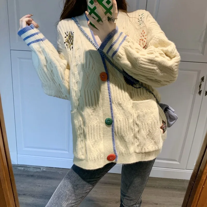 

New Korean Sweet Cardigan Sweater Women Single Breasted 2021 Spring Autumn female Knit cute loose V-neck Coat