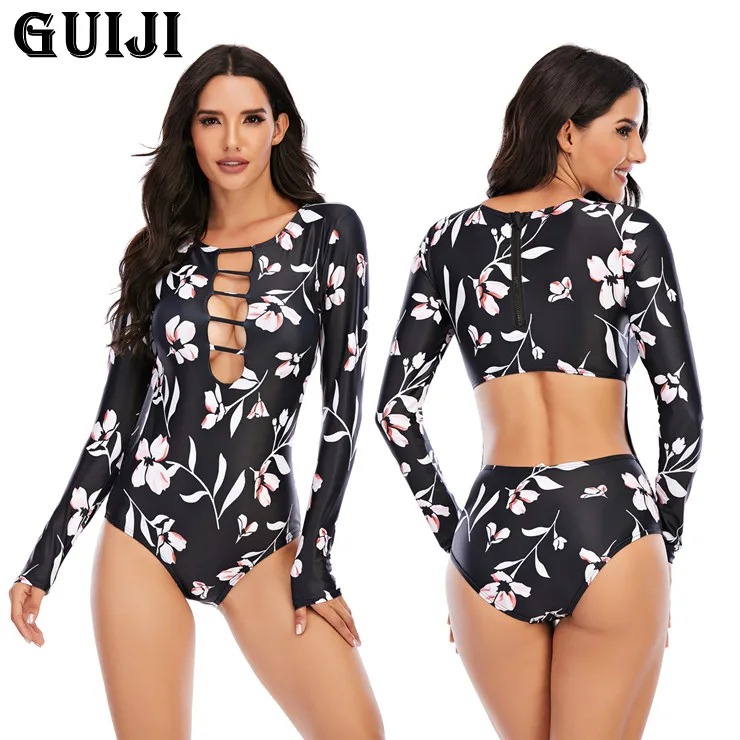 

【GUIJI】Ready Stock 2021One-Piece Swimsuit Long Sleeve Swimwear Sports Women's Swimming Bathing Suit Beach Bather Surfing Swim