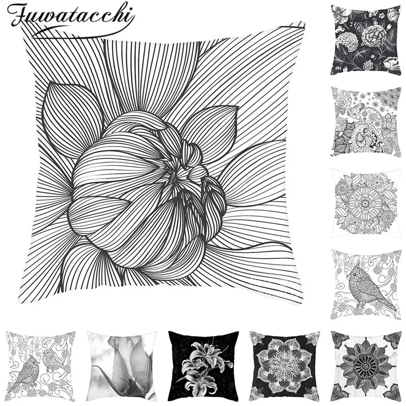 Чехол на подушку с цветочным принтом Fuwatacchi серый черный Цветочный фото чехлы для