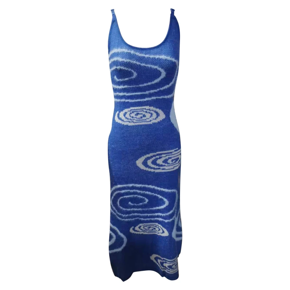 

Женское трикотажное облегающее платье, синие ажурные платья миди без рукавов, летнее пляжное платье 2021