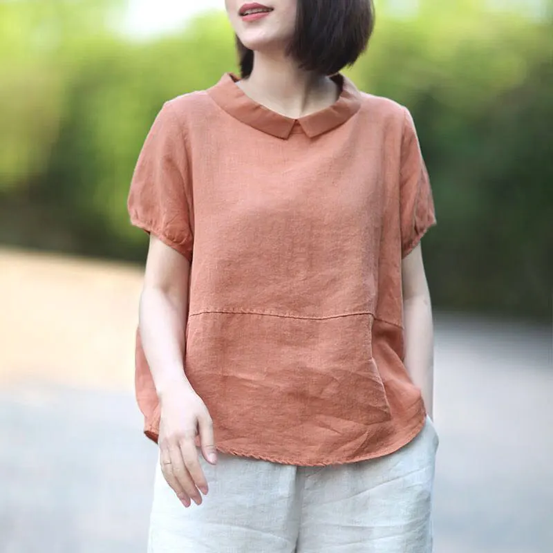 

Summer Women Shirt Oversize Loose Casual Short Sleeve Peter Pan Collar Patchwork Linen Tops Vintage Female T-shirt Big 2022