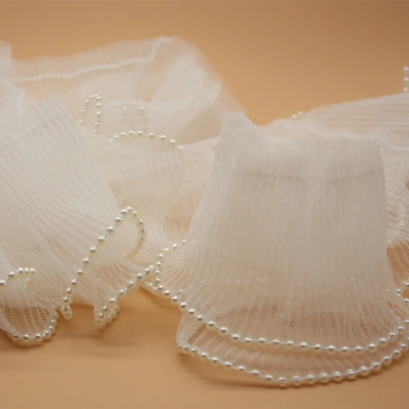 

9cm Width Skirt Double-layer Pleated Mesh Stretch Pearl Lace Fabric Pressed Ruffles Lace DIY Net Cloth Accessories
