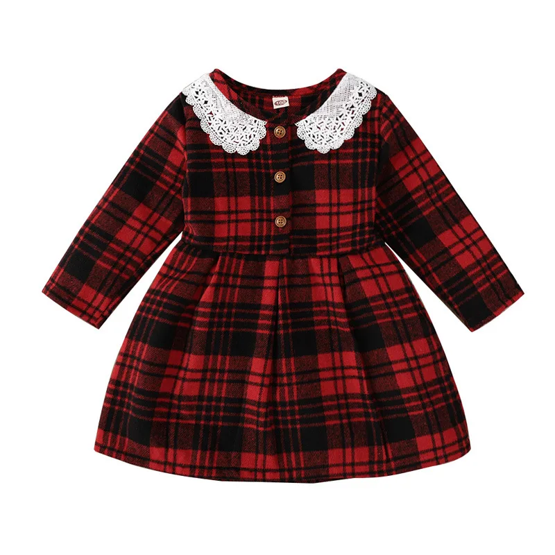 

Toddler Girl Christmas Dress Long Sleeve Warm Plaid Children Dresses Lace Button Princess Dress Mini Cute Kids Clothes vestidos