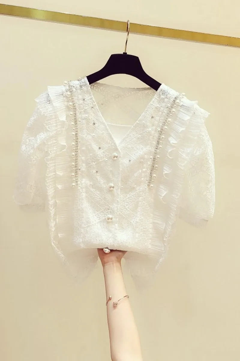 

2020 New Summer Women Lace Shirts Hollow Out All-match Loose V Neck Beading Single Breasted Short Sleeve Lace Top and Blouses