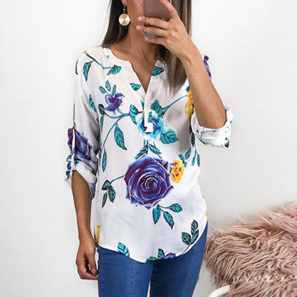 HEFLASHOR Lady Casual Floral Printed Tops Shirt Fashion Women Summer Loose Top 3/4 Sleeve V-neck Blouse Women's Leaf Print |