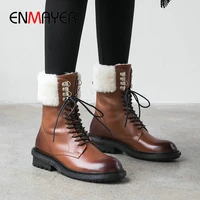 enmayer 2020 women winter boots genuine leather round toe lace up motorcycle boots short plush patchwork ankle boots for women