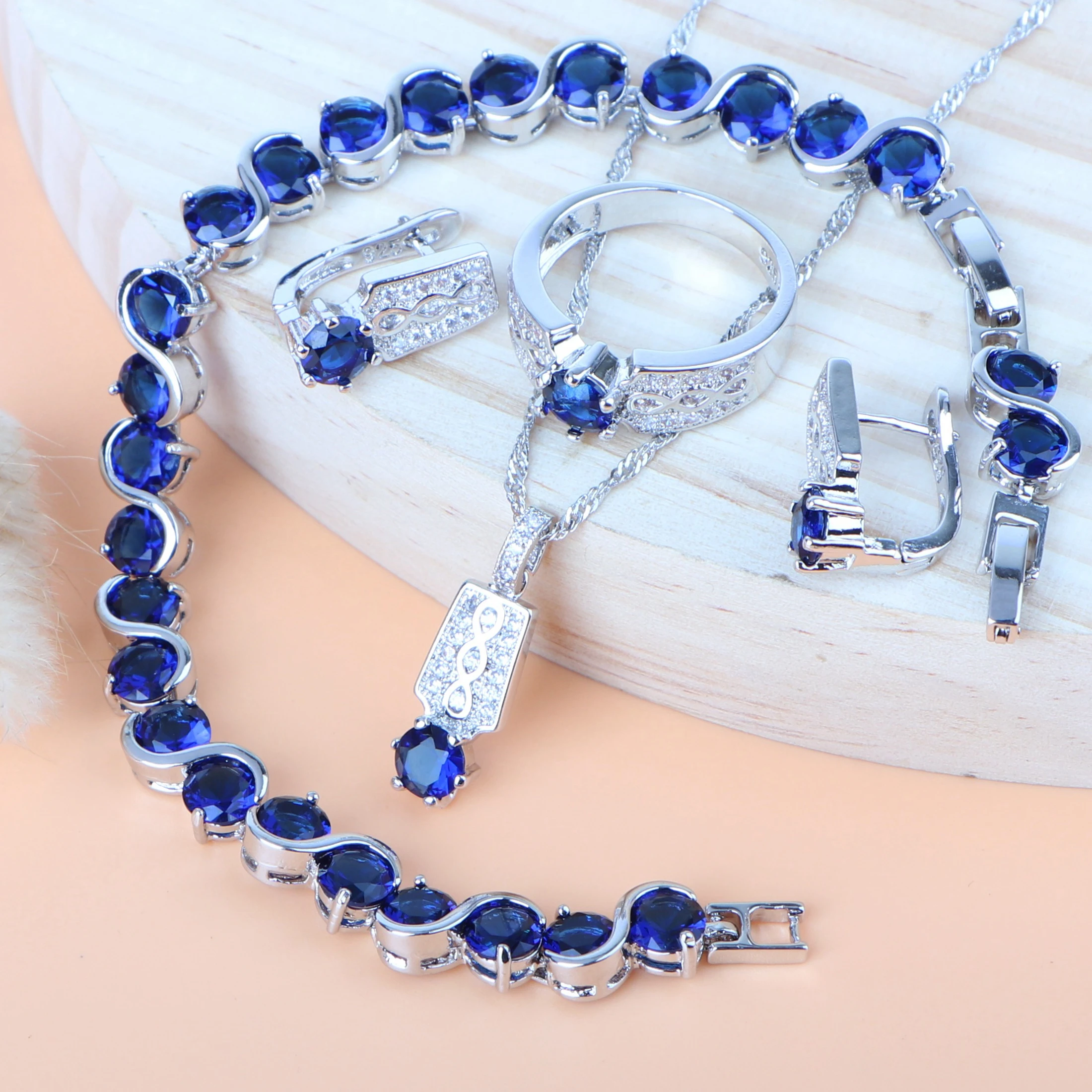 Женский свадебный ювелирный набор серебро 925 синий кубический цирконий серьги