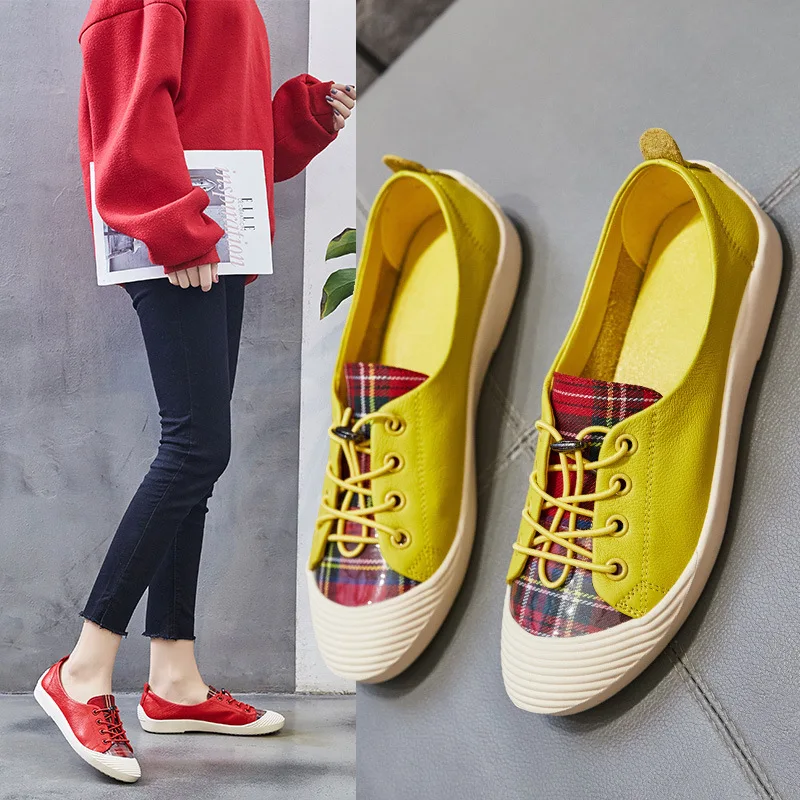 2019 новые модные кожаные тонкие туфли на весну и осень повседневные в клетку стиле