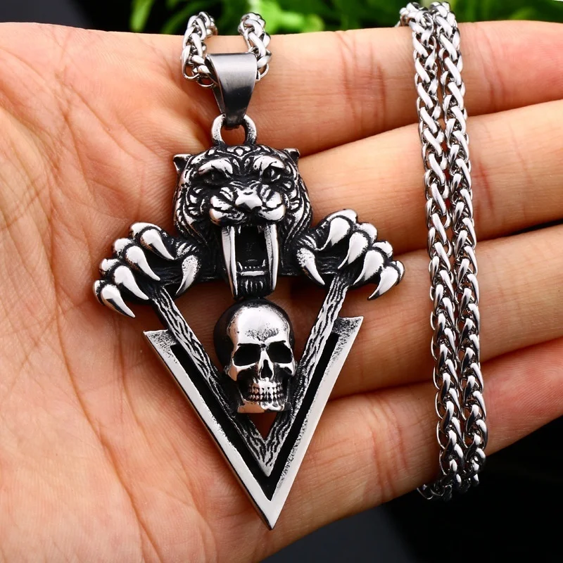 

Vintage Men Tiger Skull Pendant Necklace Fashion Punk Triangle Pendant