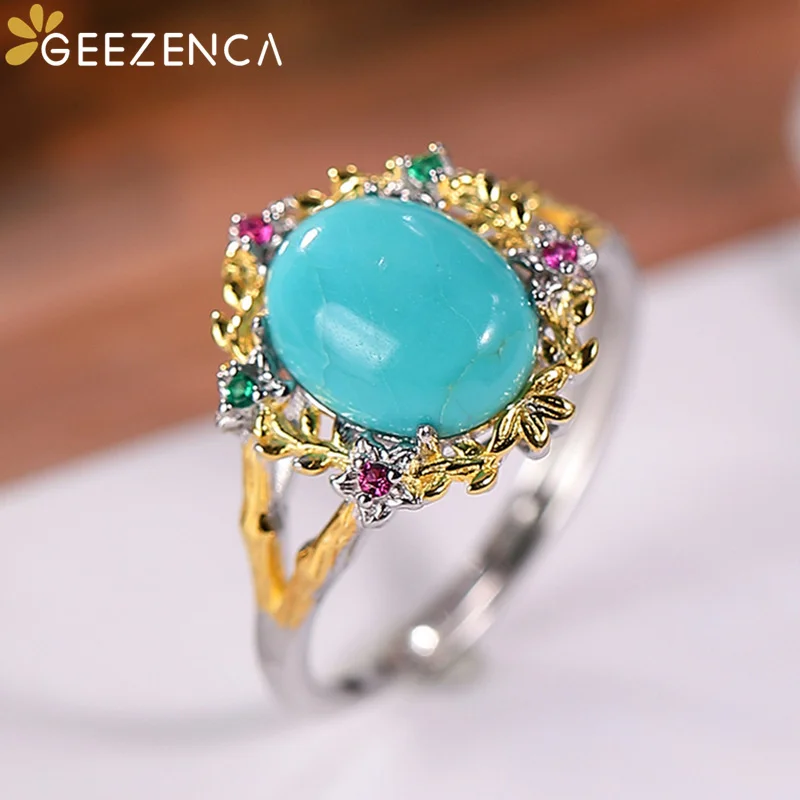 

GEEZENCA S925 Silver Oval Turquoise Ring For Women Natural Gemstone Hollow Flower Trendy Open Rings Fine Jewelry 2021 New Gift