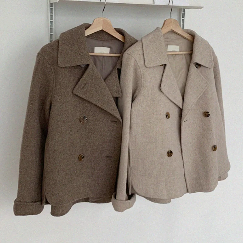 

Mozision Slim Short Woolen Coat Women Solid Lapel Single Breasted Blazer Female 2020 Winter New Casual Loose Wool Coat