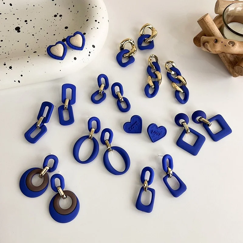 

Klein Blue Series Korean Fashion Matt Chain Acrylic Earring Geometric Heart Square Circle Drop Earrings for Women Gift Wholesale