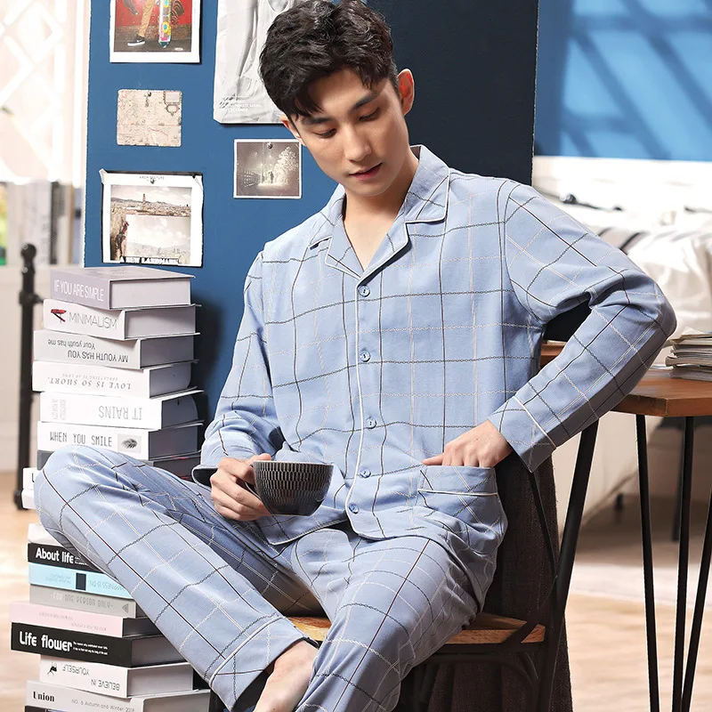 Пижама Мужская в полоску хлопок длинный рукав кардиган Элегантный Бытовой