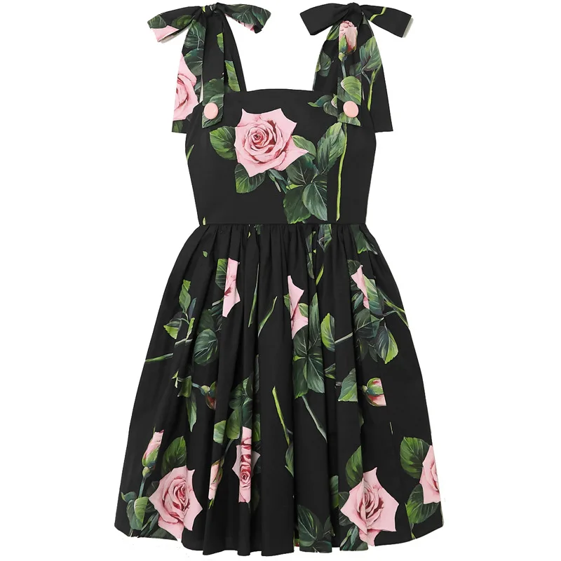

Fashion Women Dress Cotton Dress Summer Floral-Print Black Cotton Bow Sexy Sleeveless Dress Lace Dress Dress Vacation Dresses