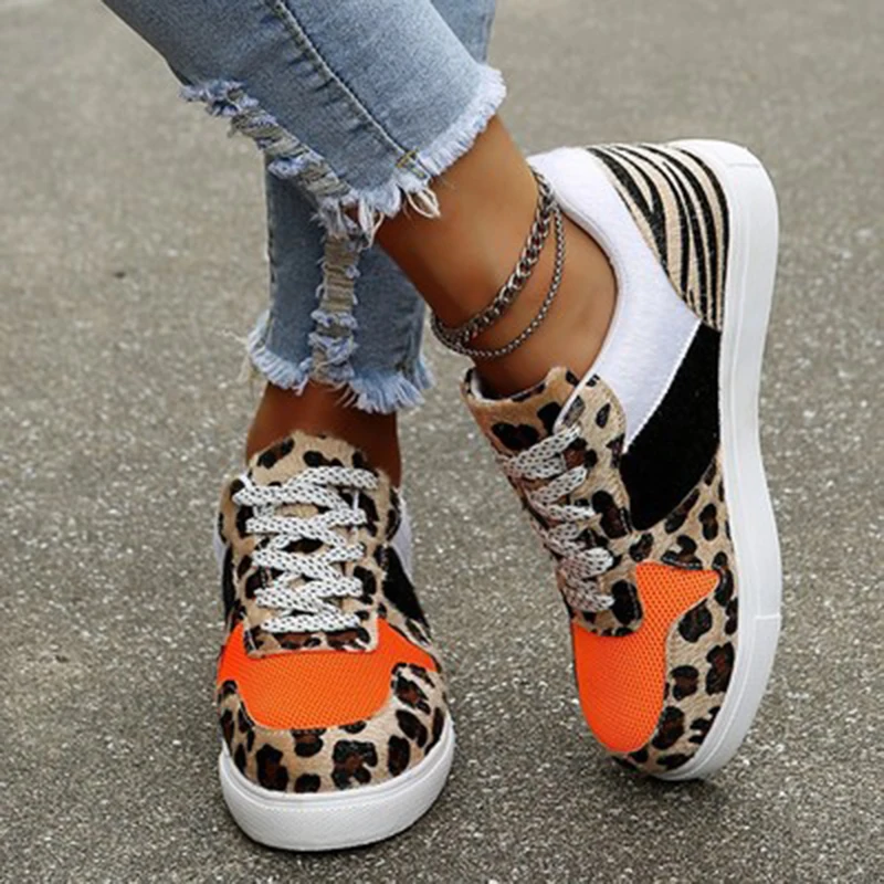 

Spring Leopard Woman Print Fashion Sneakers Flat Slip on Shoes Lace-up Casual Shoes Plus Size Vulcanized Shoes Zapatillas Mujer