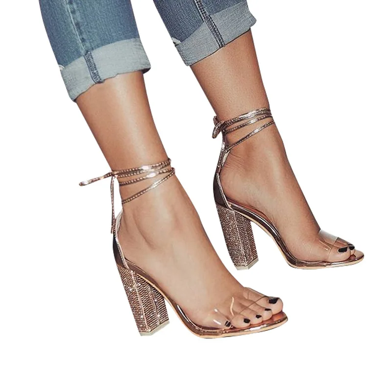 

Flock High Heels Summer Style Sandals Sexy Fashion Ankle Strap Pumps Casual Shoes Woman Gold Bling Rhinestone Shoes Size 34-43