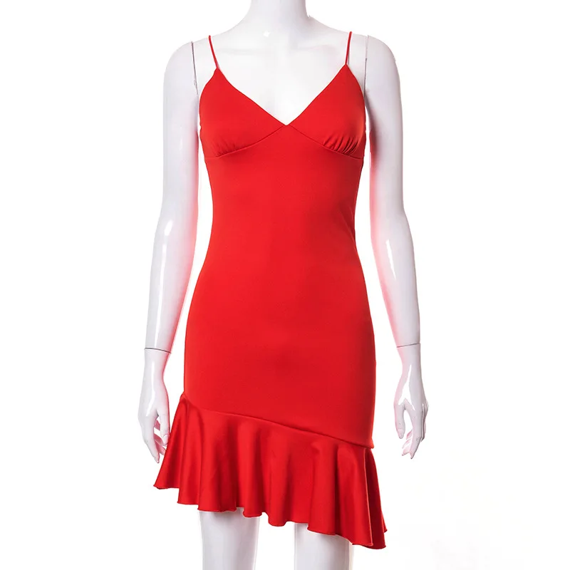 

Bodycon Outfits Holiday Club Elegant Sleeveless Slip Women Summer Sundress Party Spaghetti Strap Ruffles Mini Dress G2605