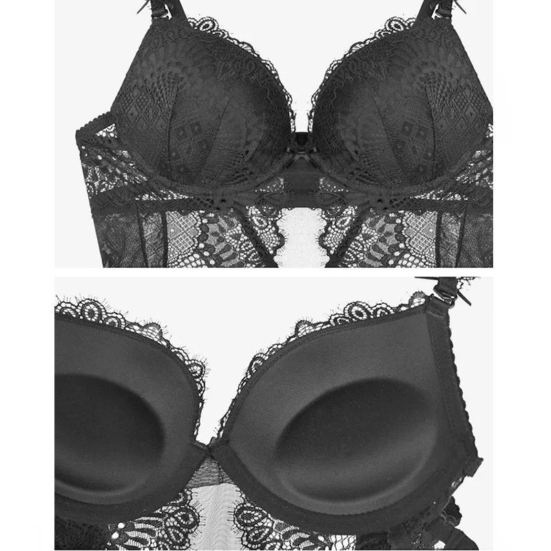 

Biiggxx French Sexy Lace Lingerie Women's Erotic One-Piece One-piece Body With Thin Top and Thick Gathering Top-up Bra