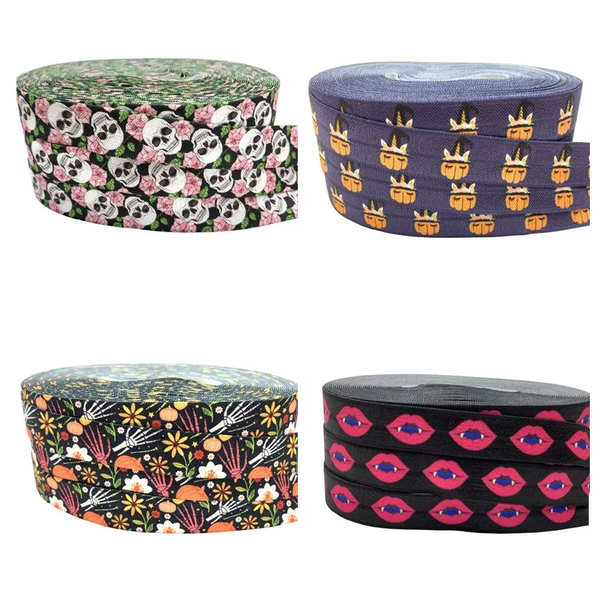 10 ярдов 5/8 &quotцветок череп Тыква враг печати Хэллоуин на голову эластичная