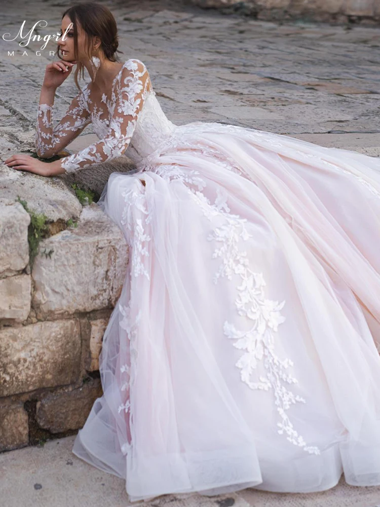 

MNGRL Ivory Wedding Dress Long Sleeve 3D Flower O-neck Lace Bridal Dresses Luxury Tail Fluffy Skirt Plus Size Tailor-made