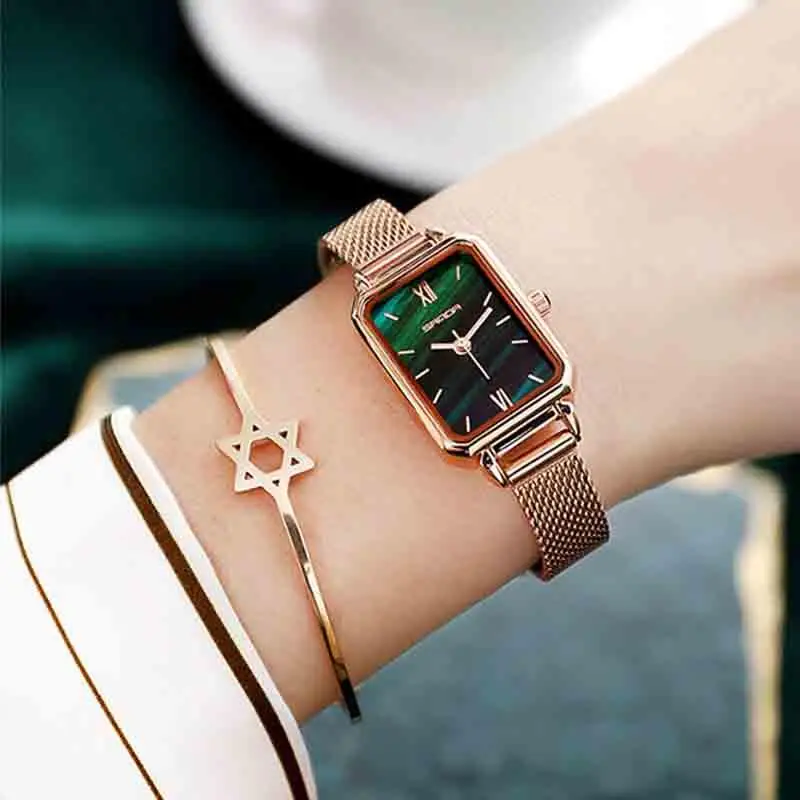 Часы наручные Sanda женские кварцевые брендовые модные с зеленым циферблатом