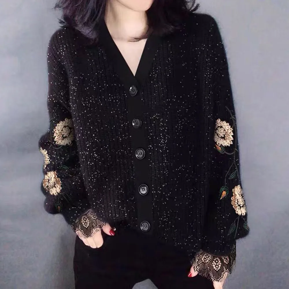 

Женский трикотажный кардиган с кружевом, черный однобортный свитер в Корейском стиле с V-образным вырезом и длинным рукавом, Осень-зима 2021