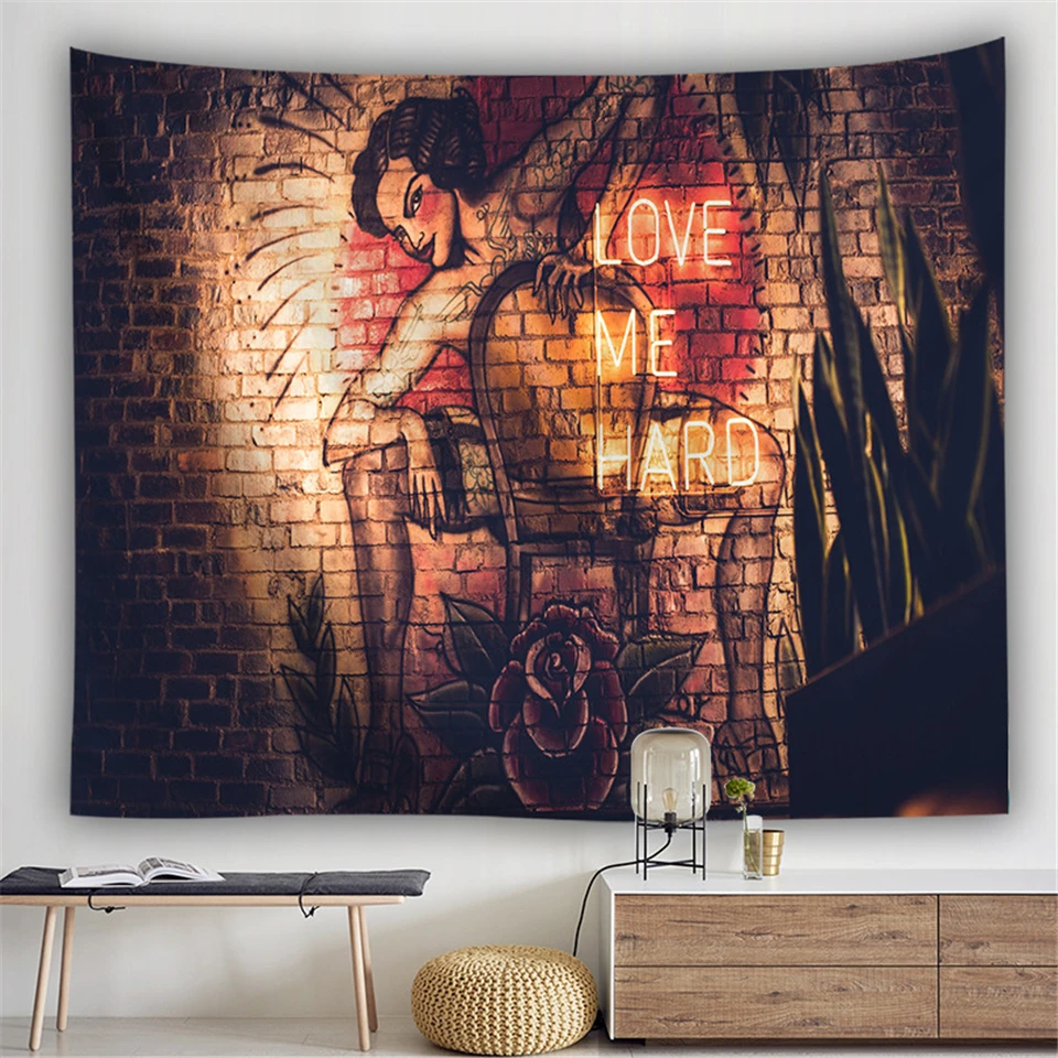 Retro Brick Background Wall Tapestry Sexy Women Line Draw Couple Love Blanket Hippie Skull Carpet Hanging Cloth Tapestries | Дом и сад