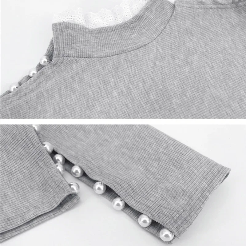 

Fashion Beaded Hollow Ornament Long Sleeve shirt Winter Women Blouses Sexy Solid Gray Lace collar gray Shirt Autumn Ruffles Tops